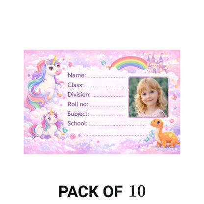 Smeeps Personalized Unicorn Fantasy School Label Stickers – Pack of 10 | 3 x 2 Inch Custom Name Labels with Photo | Pastel Rainbow Unicorn & Castle Theme | Waterproof Premium Finish