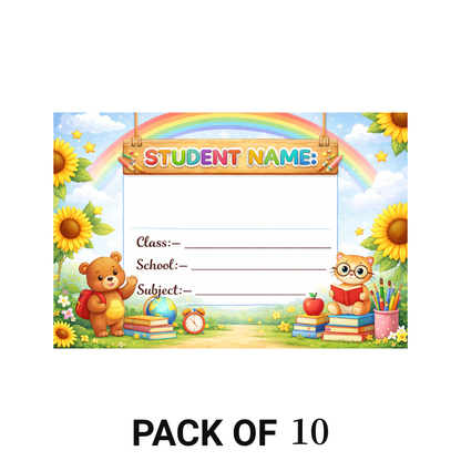 Smeeps Rainbow Teddy School Name Labels Sticker – 7.62 × 5.08 cm (3 × 2 Inch) Personalized Writable Notebook Labels for Kids | Cute Bear & Cat Theme Sticker Pack of 10