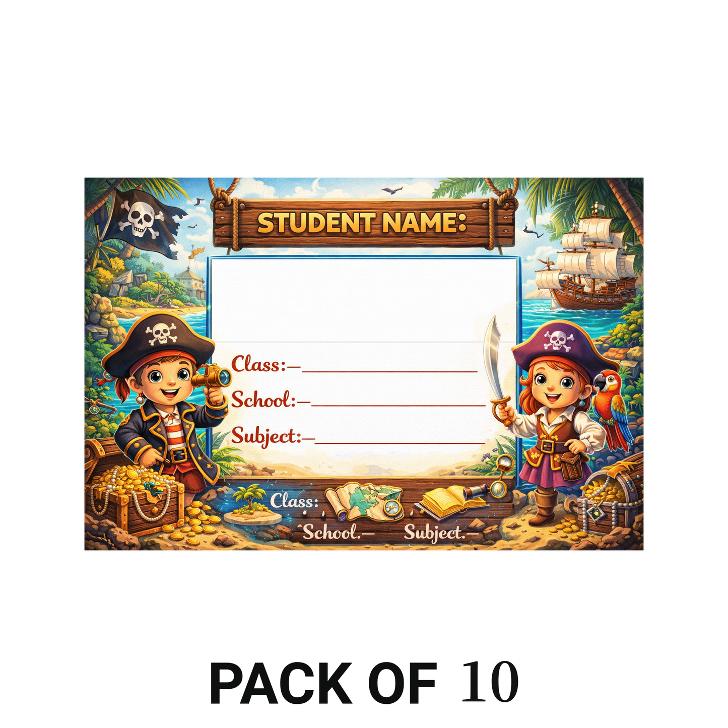 Smeeps Pirate Adventure School Name Labels Sticker – 7.62 × 5.08 cm (3 × 2 Inch) Personalized Writable Notebook Labels for Kids | Treasure Hunt Pirate Theme Sticker Pack of 10