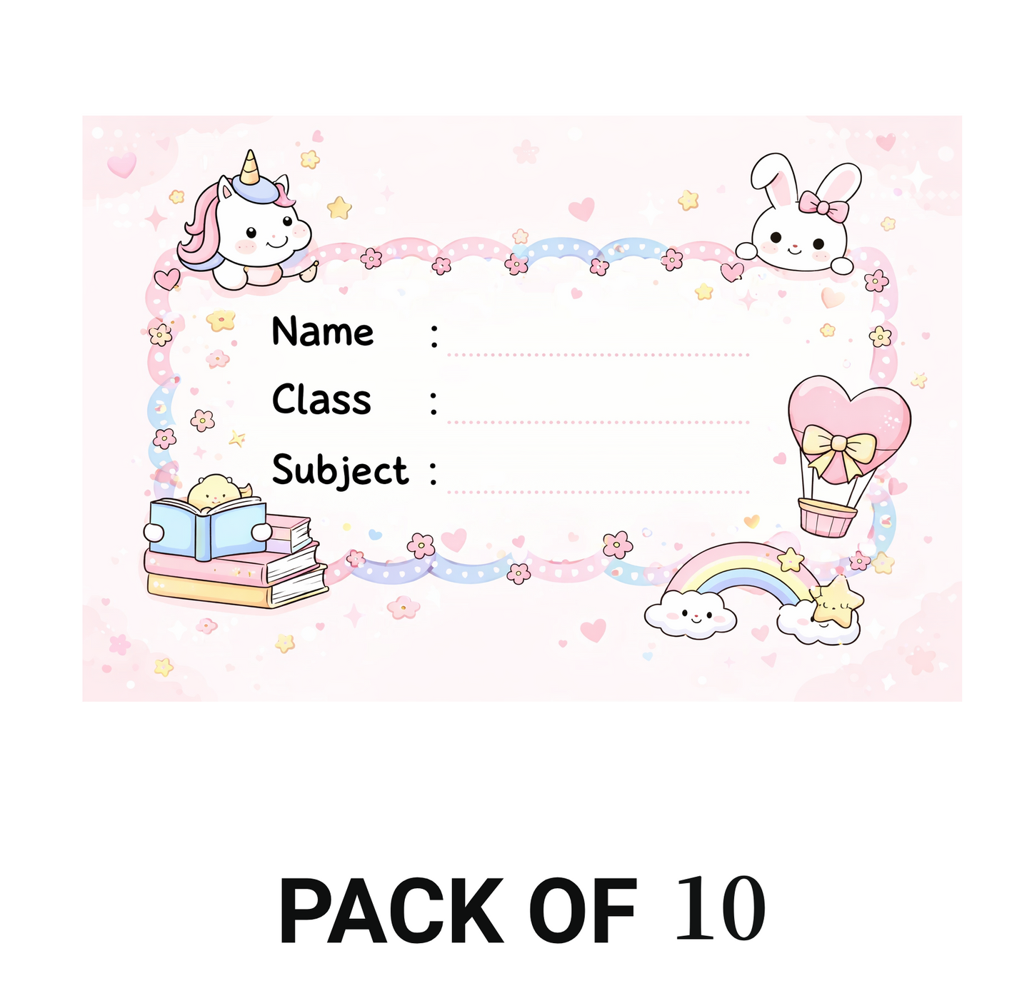Smeeps Cute Unicorn & Bunny School Name Labels Sticker – 7.62 × 5.08 cm (3 × 2 Inch) Personalized Writable Notebook Labels for Kids | Pastel Kawaii Theme Sticker Pack of 10