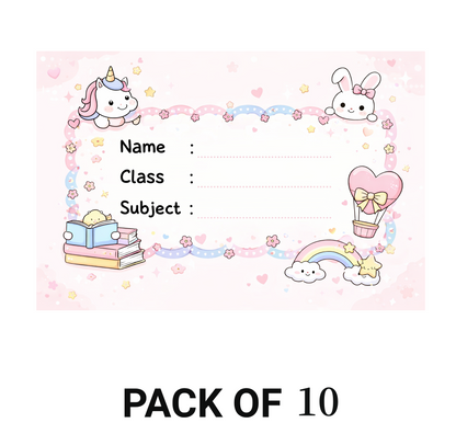 Smeeps Cute Unicorn & Bunny School Name Labels Sticker – 7.62 × 5.08 cm (3 × 2 Inch) Personalized Writable Notebook Labels for Kids | Pastel Kawaii Theme Sticker Pack of 10