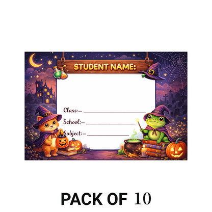 Smeeps Halloween Kids School Name Labels Sticker – 7.62 × 5.08 cm (3 × 2 Inch) Cute Witch Cat & Frog Writable Notebook Labels for Kids | Spooky Theme Sticker Pack of 10
