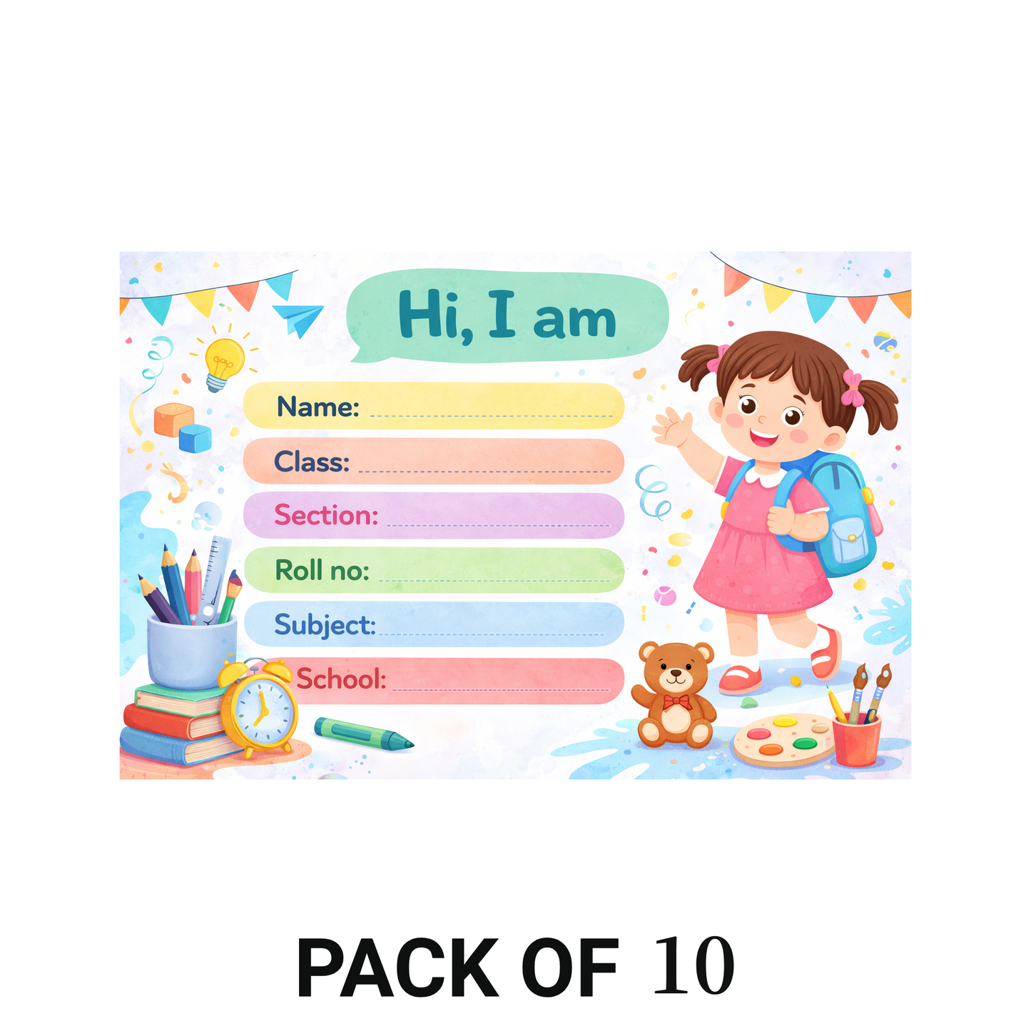 Smeeps Cute School Girl Name Labels Sticker – 7.62 × 5.08 cm (3 × 2 Inch) Personalized Writable Notebook Labels for Kids | Colorful School Theme Sticker Pack of 10