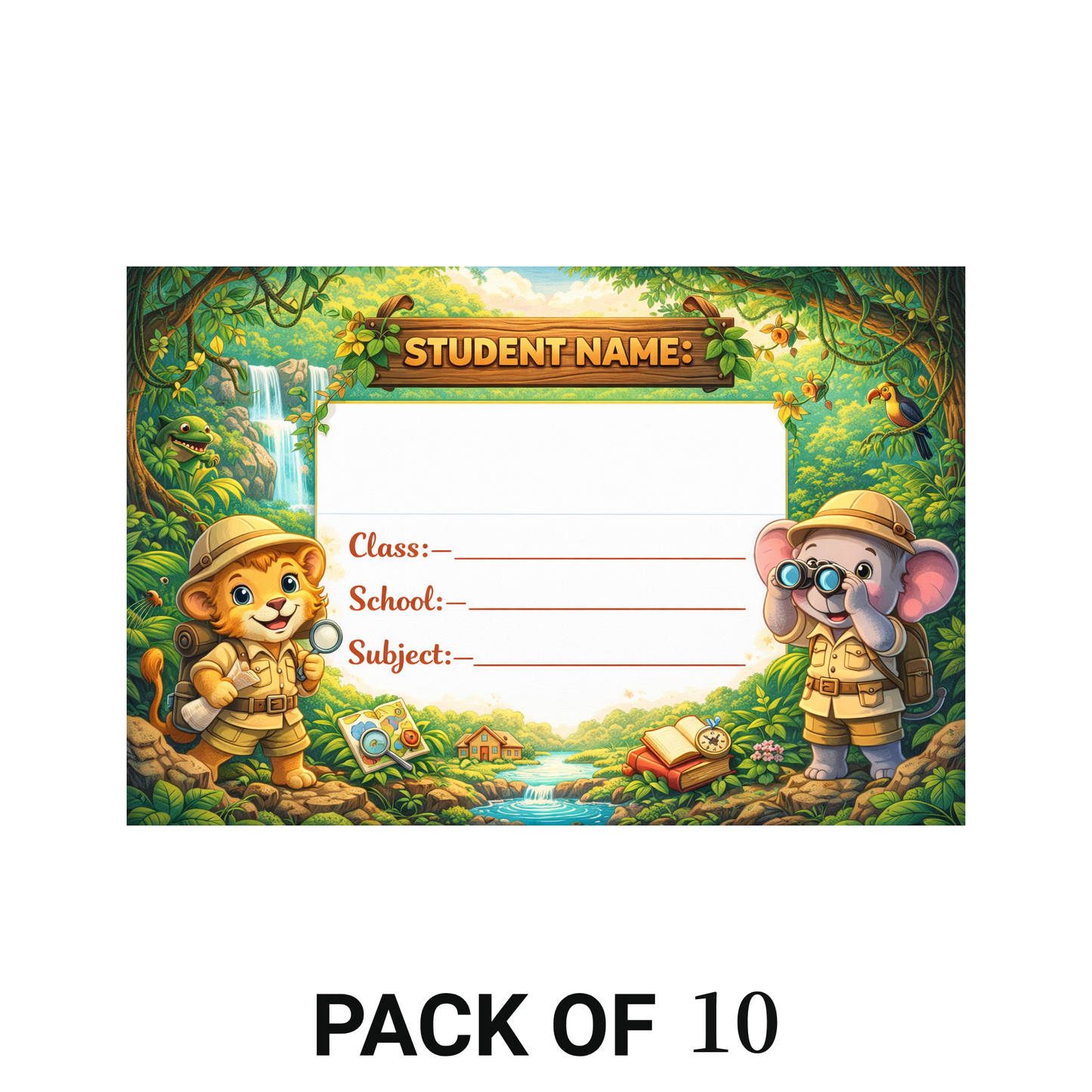 Smeeps Jungle Adventure School Name Labels Sticker – 7.62 × 5.08 cm (3 × 2 Inch) Personalized Writable Notebook Labels for Kids | Safari Explorer Theme Sticker Pack of 10