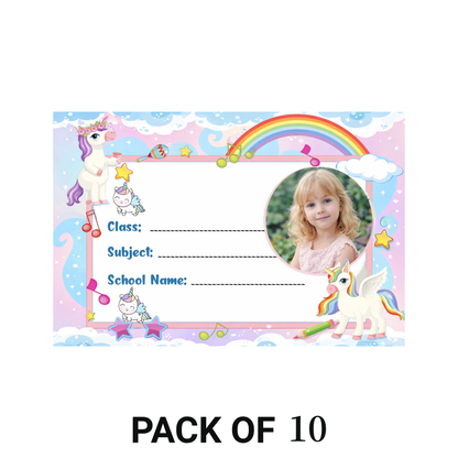Smeeps Personalized Unicorn School Label Stickers – Pack of 10 | 3 x 2 Inch Custom Name Labels with Photo | Rainbow & Musical Unicorn Theme | Waterproof Premium Finish