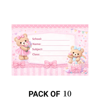 Smeeps Cute Teddy Bear School Name Labels Sticker – 7.62 × 5.08 cm (3 × 2 Inch) Personalized Writable Notebook Labels for Kids | Pink Teddy Theme Sticker Pack of 10