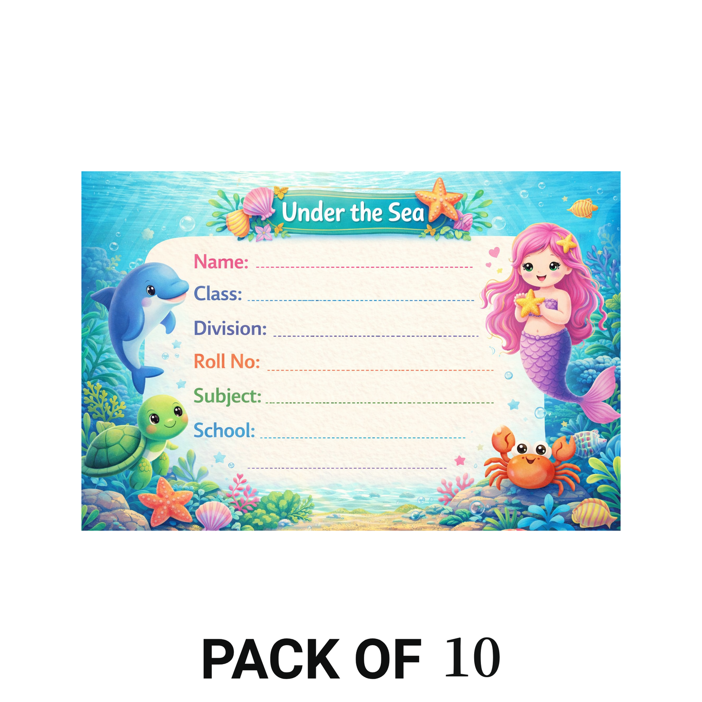 Smeeps Under The Sea Mermaid School Name Labels Sticker – 7.62 × 5.08 cm (3 × 2 Inch) Personalized Writable Notebook Labels for Kids | Cute Ocean Theme Sticker Pack of 10