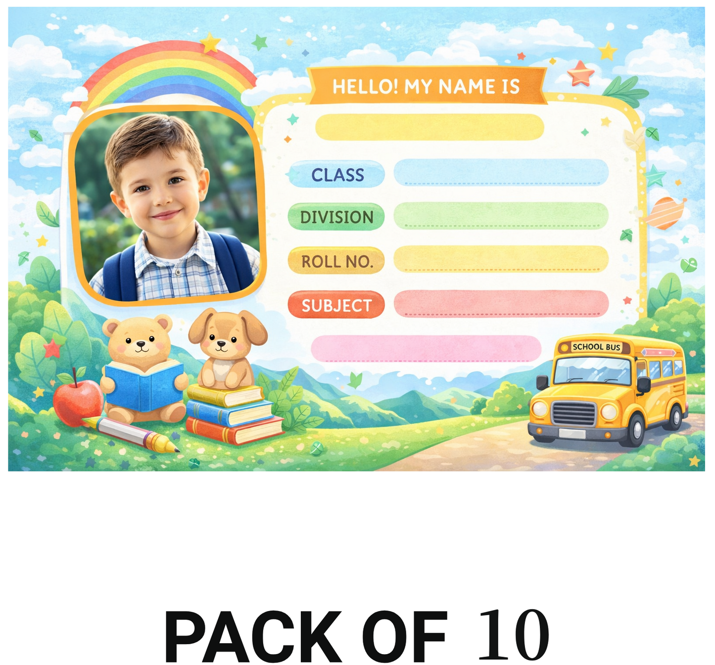 Smeeps Personalized School Label Stickers – Pack of 10 | 3 x 2 Inch Custom Name Labels with Photo | Cute School Theme with Rainbow & Bus | Waterproof Premium Finish
