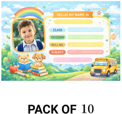Smeeps Personalized School Label Stickers – Pack of 10 | 3 x 2 Inch Custom Name Labels with Photo | Cute School Theme with Rainbow & Bus | Waterproof Premium Finish