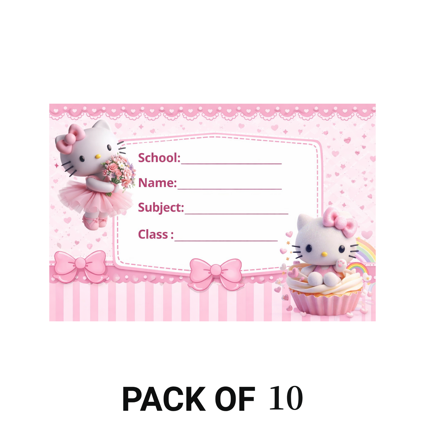 Smeeps Cute Kitty Pink Theme School Name Labels Sticker – 7.62 × 5.08 cm (3 × 2 Inch) Personalized Writable Notebook Labels for Kids | Kawaii Cartoon School Sticker Pack of 10