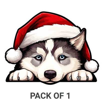 Smeeps Cute Husky Christmas Sticker – 11.94 × 9.15 cm (4.7 × 3.6 Inch) Premium Vinyl Decal | Santa Cap Puppy Dog Design | Waterproof UV Resistant Wash Proof | Pack of 1