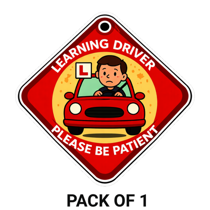 Smeeps Learning Driver Please Be Patient Hanging Board – 20.32 × 20.83 cm (8 × 8.2 Inch) Waterproof Car Hanging Sign with Suction Cup | Learner Driver Safety Board for Cars