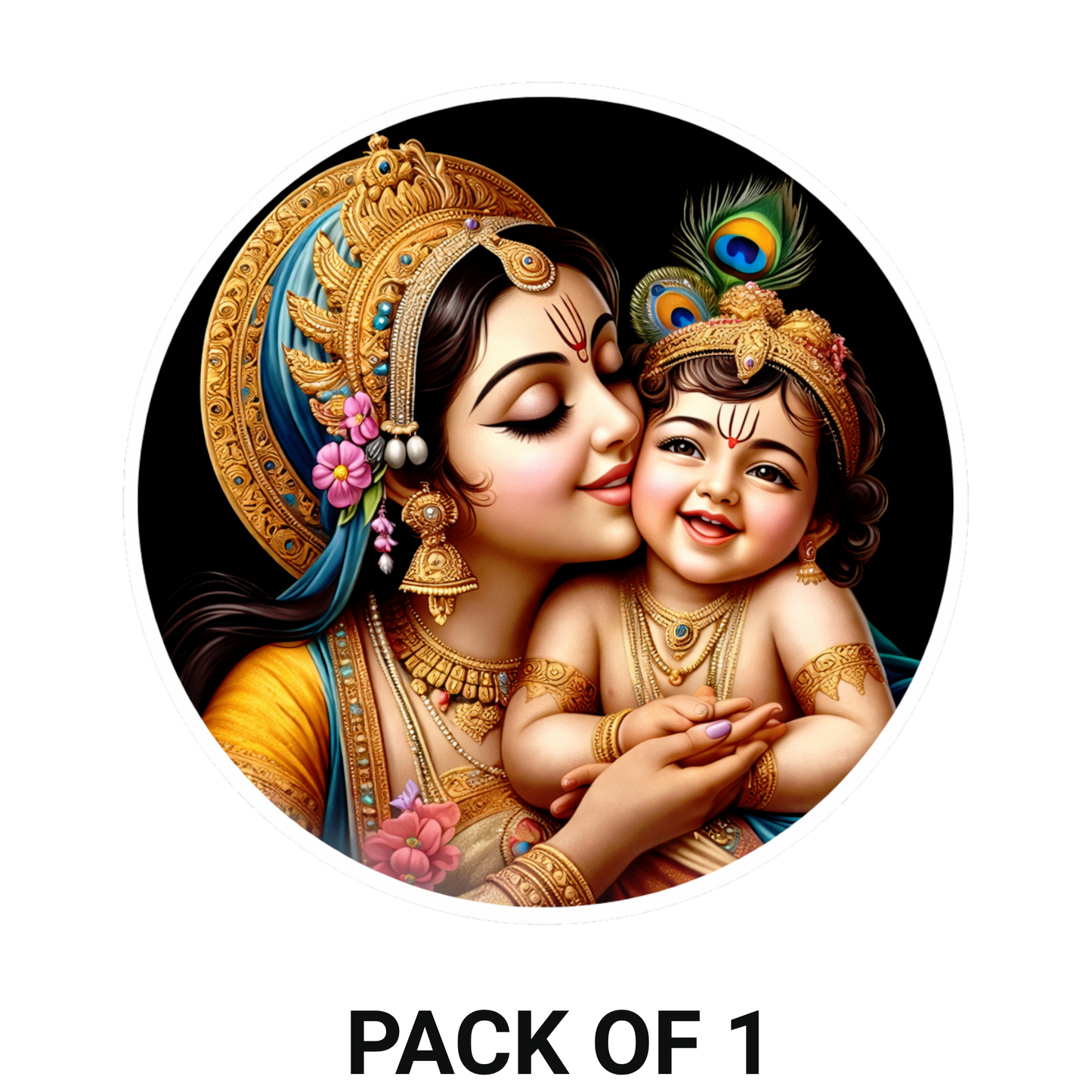 Smeeps Yashoda Krishna Vinyl Sticker – 10.16 × 10.16 cm (4 × 4 Inch) Premium Waterproof Devotional Round Decal | Mother Yashoda with Baby Krishna Design | UV Resistant Wash Proof | Pack of 1