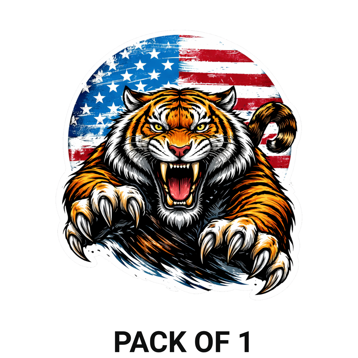 Smeeps Angry Tiger USA Flag Vinyl Sticker – 10.16 × 9.15 cm (4 × 3.6 Inch) Waterproof Tiger Bike Decal for Helmet, Motorcycle, Car & Laptop | American Flag Animal Design | Pack of 1