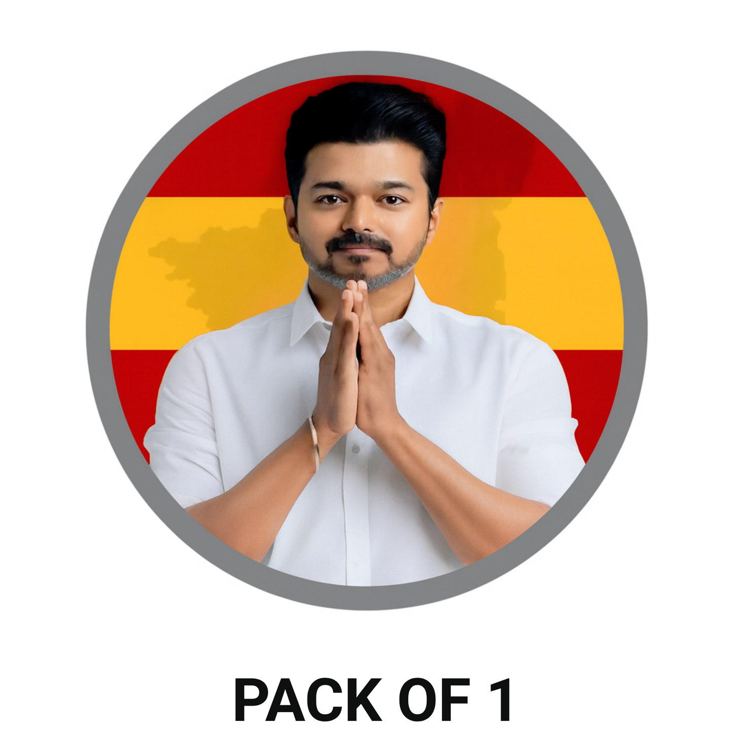 Smeeps TVK Leader Greetings Sticker – 11.43 x 11.43 cm Round Vinyl Decal | Greeting Pose with Red–Yellow Background | Waterproof & Durable