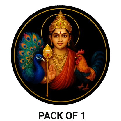 Smeeps Lord Murugan Round Sticker – 7.62 x 7.62 cm Car & Bike Vinyl Decal | Peacock & Rooster Artwork | Waterproof & UV-Proof Devotional Design