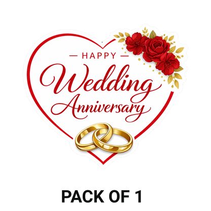 Smeeps Happy Wedding Anniversary Heart Sticker – 10.16 × 8.89 cm (4 × 3.5 Inch) Romantic Couple Anniversary Vinyl Die-Cut Sticker with Floral & Ring Design | Waterproof UV Resistant | Pack of 1