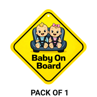 Smeeps Baby On Board Hanging Sign – 20.32 × 20.32 cm (8 × 8 Inch) Cute Twin Babies in Car Seat Waterproof Vehicle Hanging Board with Suction Cup | Baby Safety Car Warning Sign
