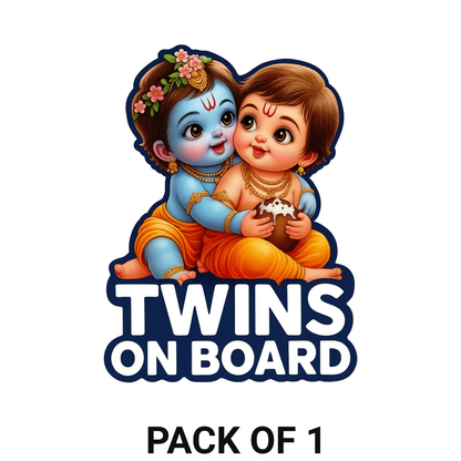 Smeeps Twins On Board Sticker – Cute Krishna-Themed Twin Baby Car Sticker | 8.89 x 11.43 cm Premium Vinyl | Waterproof & UV Resistant Decal