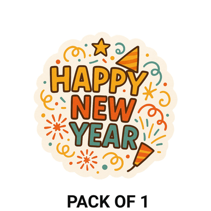 Smeeps Happy New Year Sticker – 10.16 x 9.66 cm Festive Celebration Decal | Party Theme Design | Waterproof & UV-Resistant Vinyl