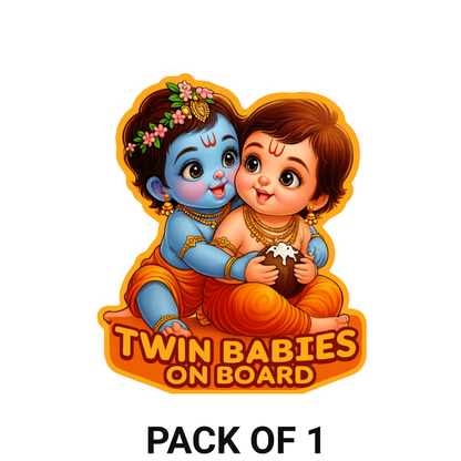 Smeeps Twin Babies On Board Sticker – Cute Krishna Theme Car & Bike Safety Vinyl Decal | 10.16 x 11.43 cm | Waterproof & UV Resistant