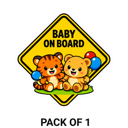 Smeeps Baby On Board Cartoon Animal Car Sticker – 14 × 14 cm (5.5 × 5.5 Inch) Waterproof Vinyl Safety Sticker for Cars | Cute Tiger & Teddy Design | UV Resistant | Pack of 1