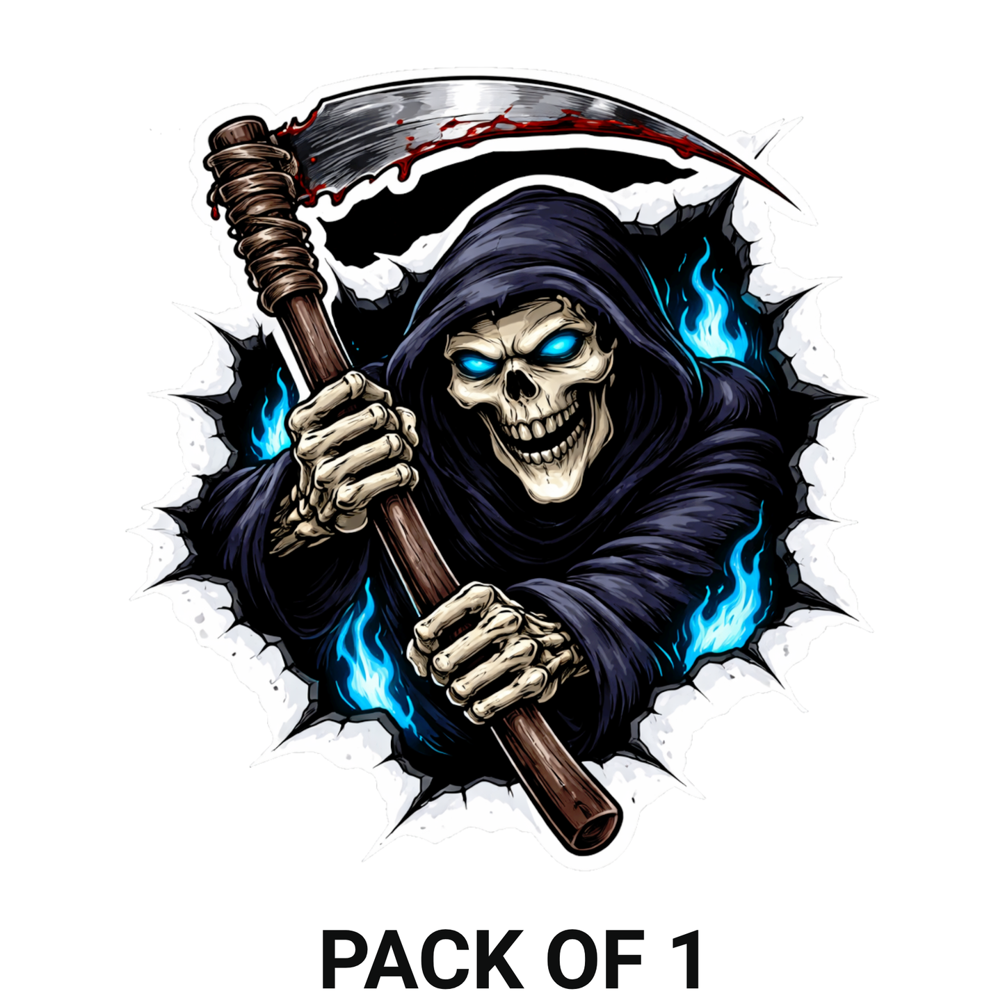 Smeeps Grim Reaper Skull Vinyl Sticker – 10.16 × 9.40 cm (4 × 3.7 Inch) Waterproof Biker Decal | Horror Skeleton Scythe Sticker | UV Resistant Wash Proof | Pack of 1