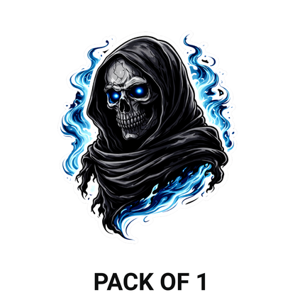 Smeeps Grim Reaper Skull Vinyl Sticker – 10.16 × 8.39 cm (4 × 3.3 Inch) Waterproof Horror Bike Decal for Helmet, Motorcycle, Car & Laptop | Gothic Blue Flame Design | Pack of 1