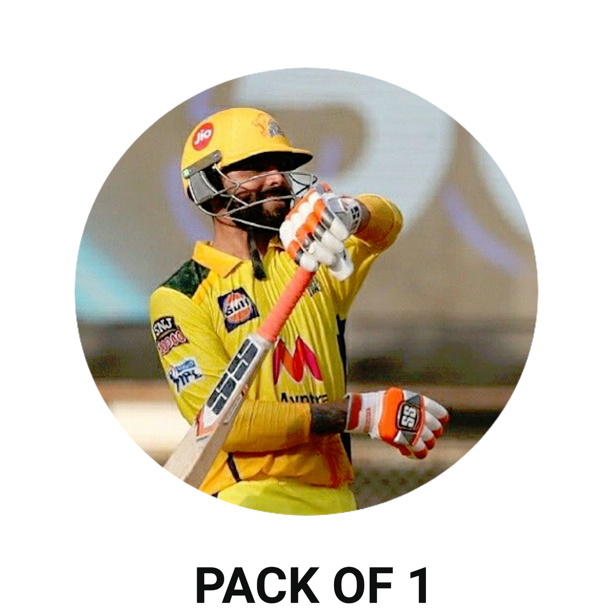 Smeeps Ravindra Jadeja CSK Sticker – 10.16 cm (4 Inch) Round Car & Bike Vinyl Decal | Chennai Super Kings All-Rounder Action Design | Waterproof UV Resistant