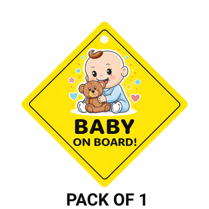 Smeeps Baby On Board Teddy Hanging Sign – 20.32 × 20.32 cm (8 × 8 Inch) Cute Baby with Teddy Waterproof Car Hanging Board with Suction Cup | Safety Warning Vehicle Hanging Sign