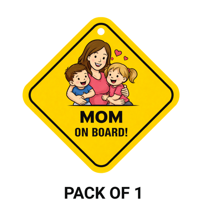 Smeeps Mom On Board Hanging Sign – 20.32 × 20.32 cm (8 × 8 Inch) Cute Mom with Kids Waterproof Car Hanging Board with Suction Cup | Family Safety Vehicle Sign Pack of 1