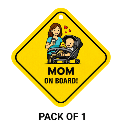 Smeeps Mom On Board Hanging Sign – 20.32 × 20.32 cm (8 × 8 Inch) Mom with Baby Stroller Waterproof Car Hanging Board with Suction Cup | Cute Family Safety Vehicle Sign Pack of 1