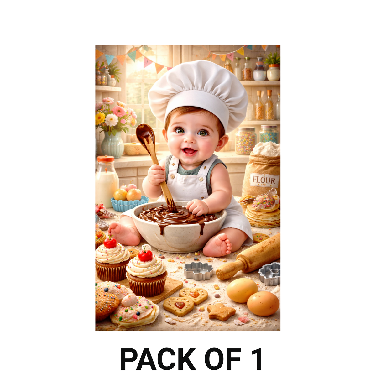 Smeeps Cute Baby Chef Wall Poster – 20.32 × 13.21 cm (8 × 5.2 Inch) Kids Kitchen & Baking Theme Decorative Poster | 300 GSM Non-Adhesive Nursery & Baby Room Wall Decor Poster for Home, Playroom & Cafe Decor | Pack of 1