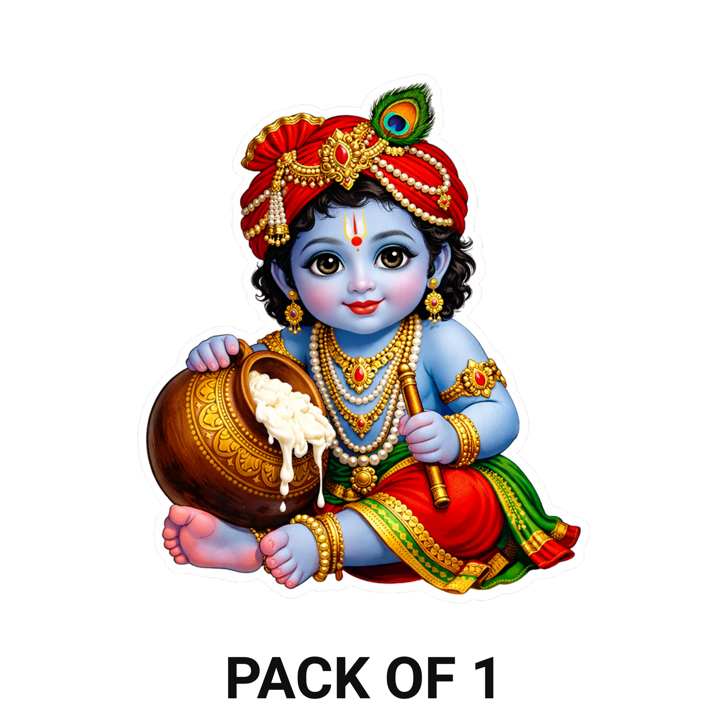 Smeeps Bal Krishna Vinyl Sticker – 11.43 × 9.66 cm (4.5 × 3.8 Inch) Waterproof Krishna Butter Pot Sticker | UV Resistant Cute Baby Krishna Decal for Car, Bike, Laptop & Wall | Pack of 1