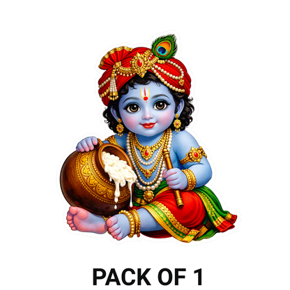Smeeps Bal Krishna Vinyl Sticker – 11.43 × 9.66 cm (4.5 × 3.8 Inch) Waterproof Krishna Butter Pot Sticker | UV Resistant Cute Baby Krishna Decal for Car, Bike, Laptop & Wall | Pack of 1