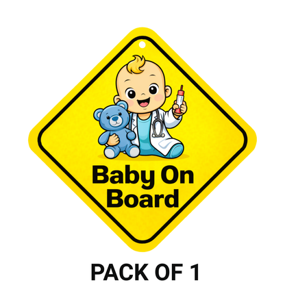 Smeeps Baby On Board Hanging Sign – 20.32 × 20.32 cm (8 × 8 Inch) Cute Baby Doctor Waterproof Car Hanging Board with Suction Cup | Baby Safety Vehicle Warning Sign
