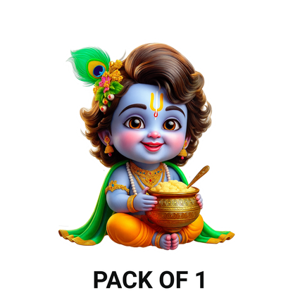 Smeeps Baby Krishna Sticker – 10.16 x 8.89 cm Cute Bal Krishna with Makhan Pot | Car, Bike, Laptop Vinyl Decal | Waterproof & UV-Resistant