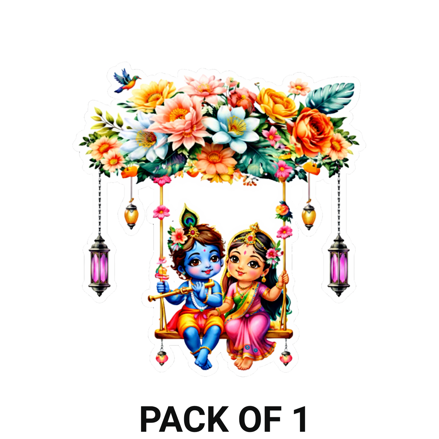 Smeeps Radha Krishna Swing Sticker – 10.16 × 10.93 cm (4 × 4.3 Inch) Premium Vinyl Decal | Cute Floral Krishna Radha Design | Waterproof UV Resistant Wash Proof | Pack of 1