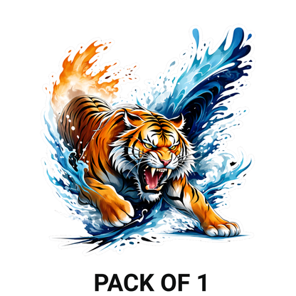 Smeeps Roaring Tiger Vinyl Sticker – 11.43 × 10.42 cm (4.5 × 4.1 Inch) Waterproof Animal Bike Decal for Helmet, Motorcycle, Car & Laptop | Fire and Water Tiger Design | Pack of 1