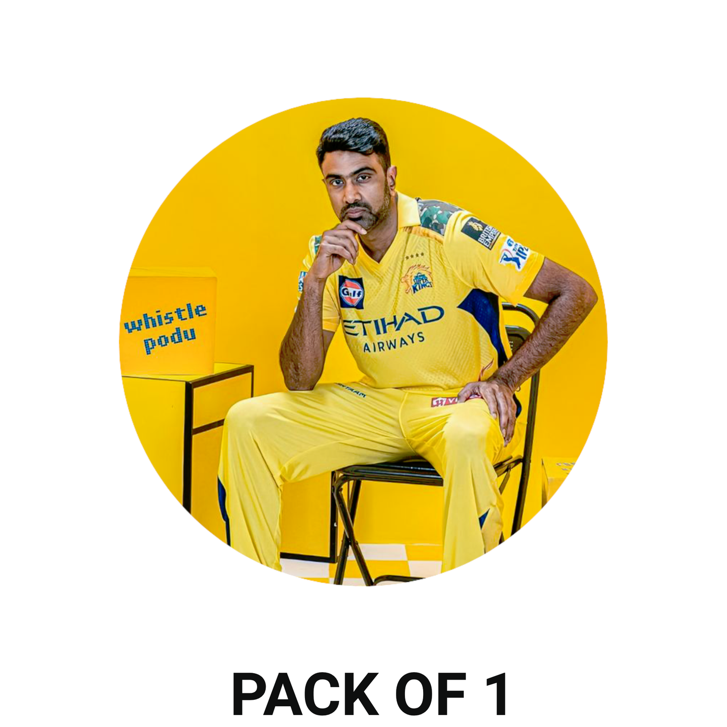 Smeeps Ravichandran Ashwin Sticker – 10.16 cm (4 Inch) CSK Yellow Jersey Fan Vinyl Decal | Waterproof UV Resistant Round Sticker