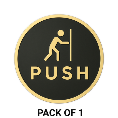 Smeeps “PUSH” Door Sign – Round 15.24 cm | Black & Gold Finish | Self-Adhesive | Waterproof & Durable | Ideal for Office, Restaurant, and Retail Entrances
