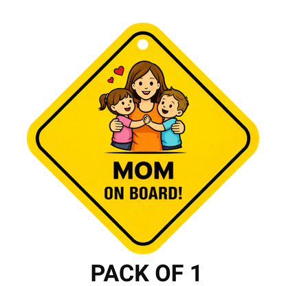 Smeeps Mom On Board Hanging Sign – 20.32 × 20.32 cm (8 × 8 Inch) Cute Mother with Kids Waterproof Car Hanging Board with Suction Cup | Family Safety Vehicle Sign Pack of 1