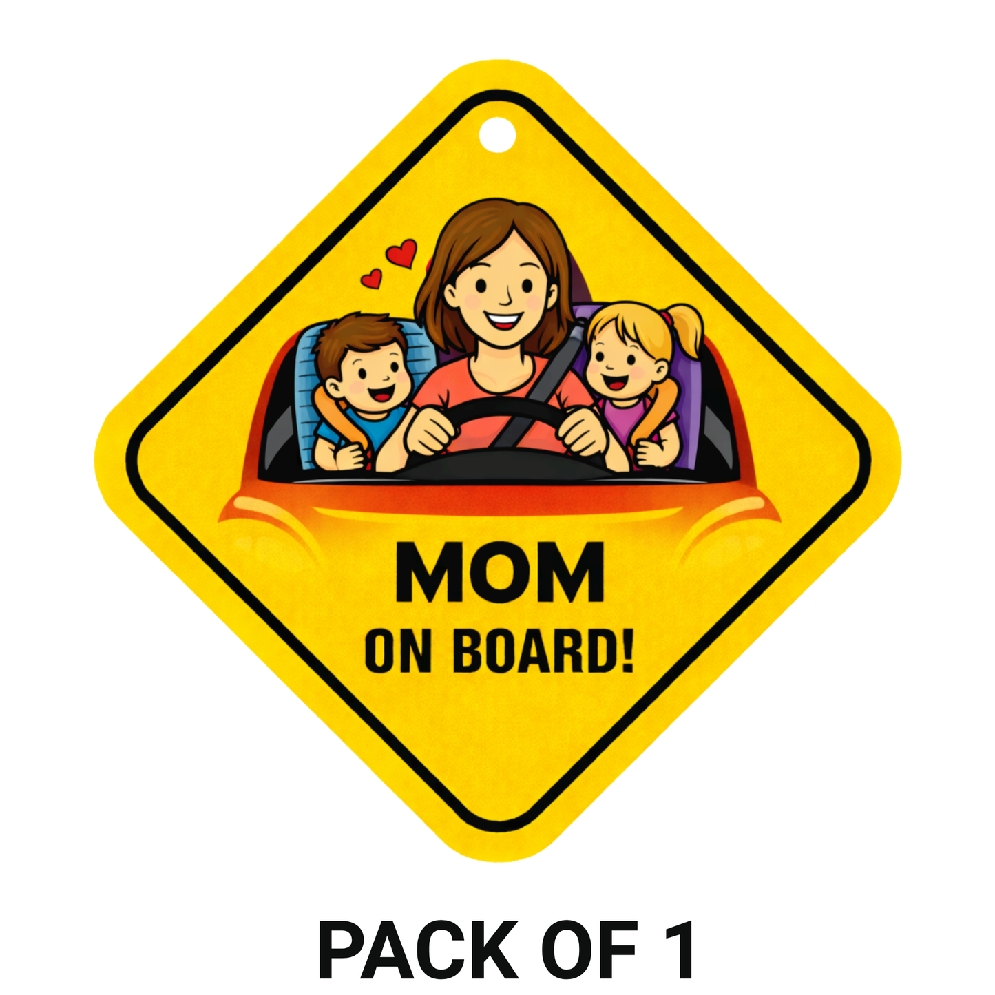 Smeeps Mom On Board Hanging Sign – 20.32 × 20.32 cm (8 × 8 Inch) Mom Driving with Kids Waterproof Car Hanging Board with Suction Cup | Cute Family Safety Vehicle Sign Pack of 1