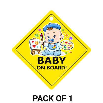 Smeeps Baby Artist On Board Hanging Sign – 20.32 × 20.32 cm (8 × 8 Inch) Cute Painter Baby Waterproof Car Hanging Board with Suction Cup | Baby Safety Vehicle Warning Sign