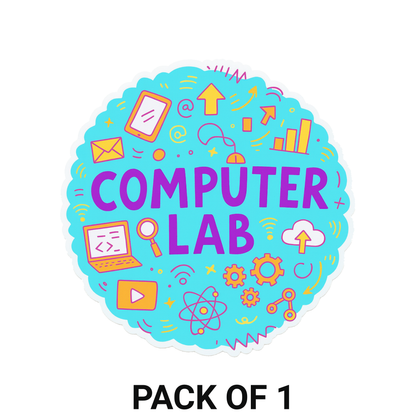Smeeps Computer Lab Sticker – 11.43 cm Round Digital Learning Theme | Bright Blue Coding & Tech Illustrations | Waterproof & UV-Resistant Vinyl