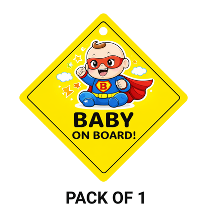 Smeeps Super Baby On Board Hanging Sign – 20.32 × 20.32 cm (8 × 8 Inch) Cute Superhero Baby Waterproof Car Hanging Board with Suction Cup | Fun Baby Safety Vehicle Sign