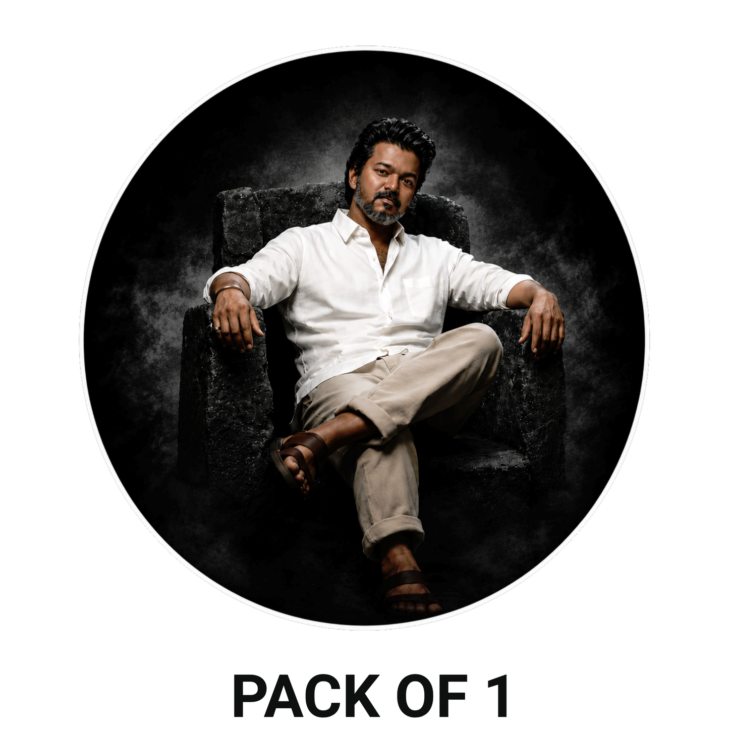 Thalapathy Vijay Classic Portrait Round Sticker – 10.16 × 10.16 cm (4 × 4 Inch) Waterproof UV Resistant Vinyl Car & Bike Sticker for Car, Helmet, Laptop & Rear Glass | Premium Stylish Fan Art Decal Pack of 1