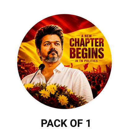 Thalapathy Vijay “A New Chapter Begins” Round Sticker – 10.16 × 10.16 cm (4 × 4 Inch) Waterproof UV Resistant Vinyl Car & Bike Sticker for Car, Helmet, Laptop & Bike | Premium Political Theme Decal Pack of 1