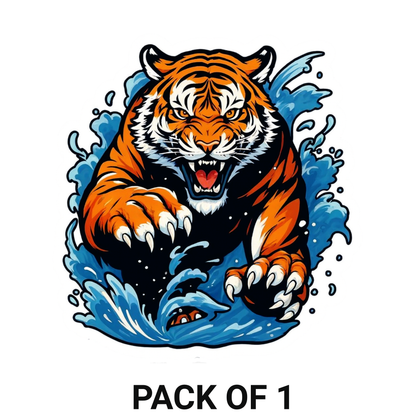 Smeeps Fierce Tiger Sticker – 13.97 x 13.21 cm Car & Bike Vinyl Decal | Powerful Attack Pose with Blue Water Splash | Waterproof & Durable