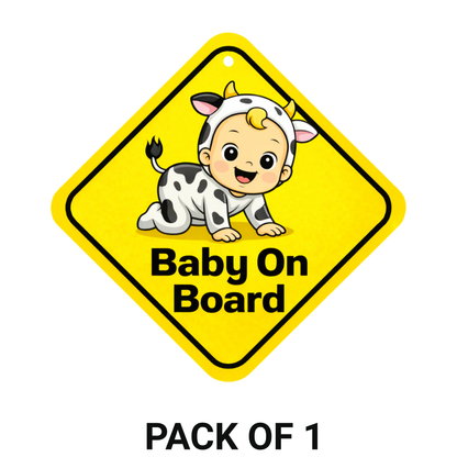 Smeeps Baby On Board Hanging Sign – 20.32 × 20.32 cm (8 × 8 Inch) Cute Cow Costume Baby Waterproof Car Hanging Board with Suction Cup | Funny Baby Safety Vehicle Sign